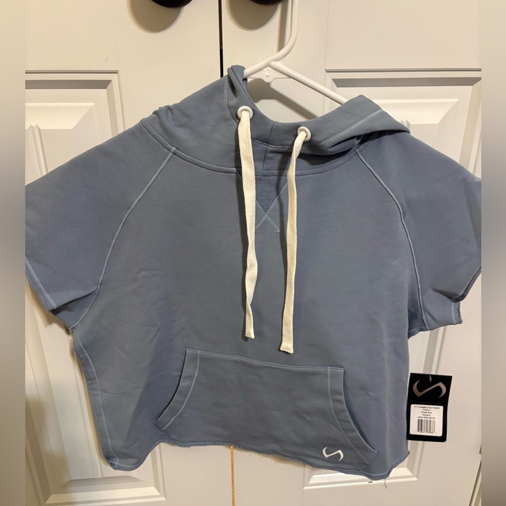 LF blue Short Sleeve Hoodie with Cream Drawstrings